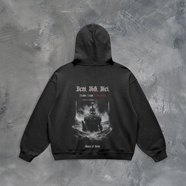 "VENI VIDI VICI" OVERSIZED HOODIE IN BLACK