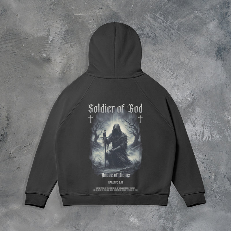 BLACK SOLDIER OF GOD ZIP UP HOODIE