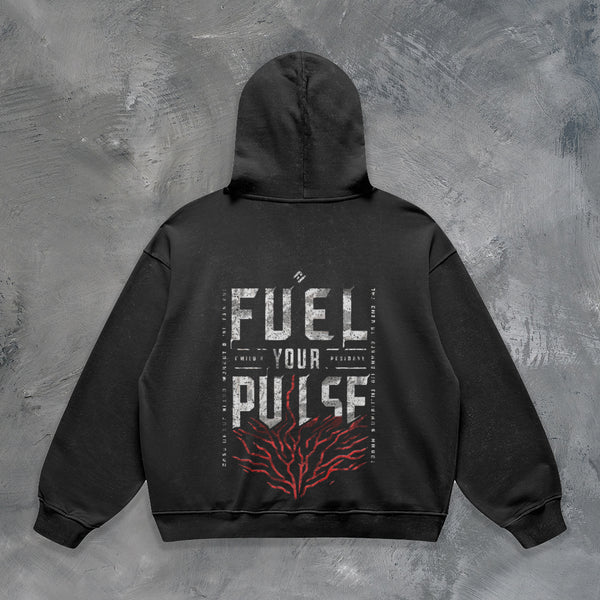 "FUEL YOUR PULSE" OVERSIZED HOODIE IN BLACK