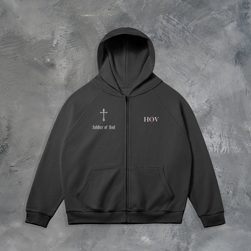 BLACK SOLDIER OF GOD ZIP UP HOODIE