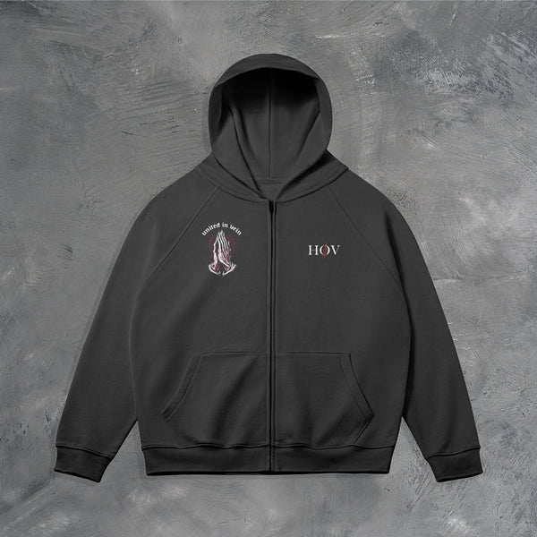 "UNITED IN VEIN" ZIP UP HOODIE IN BLACK