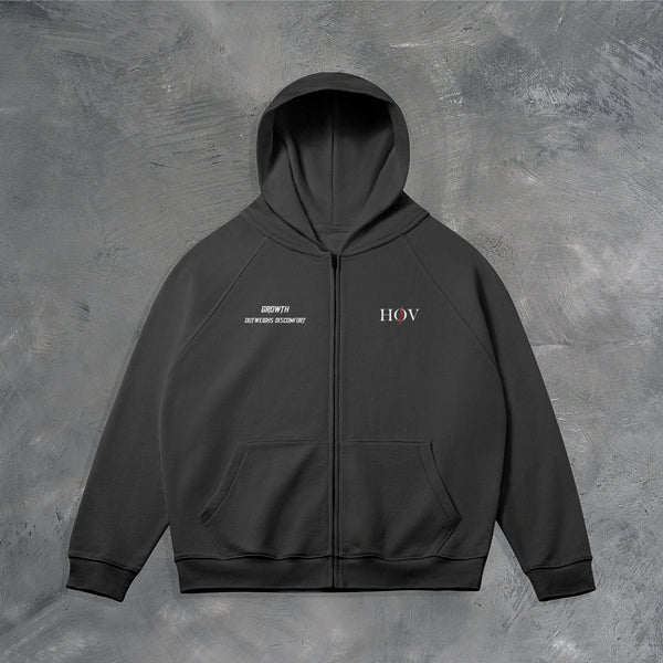 "GROWTH OUTWEIGHS DISCOMFORT" ZIP UP HOODIE IN BLACK