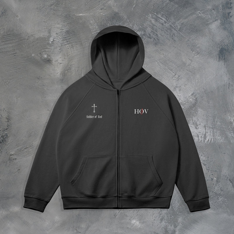 "SOLDIER OF GOD" ZIP UP HOODIE IN BLACK