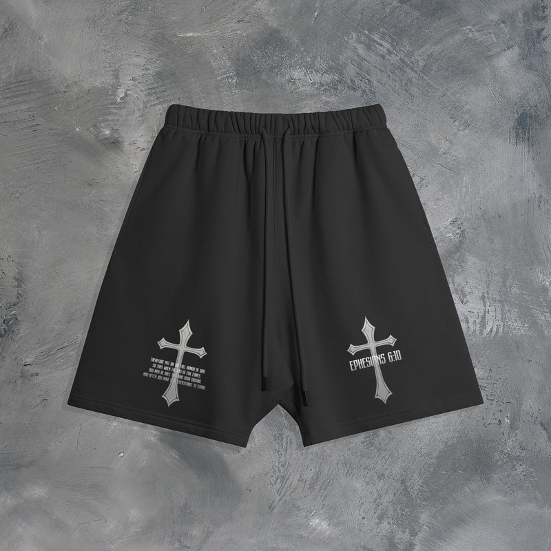 "SOLDIER OF GOD" OVERSIZED SHORTS IN BLACK