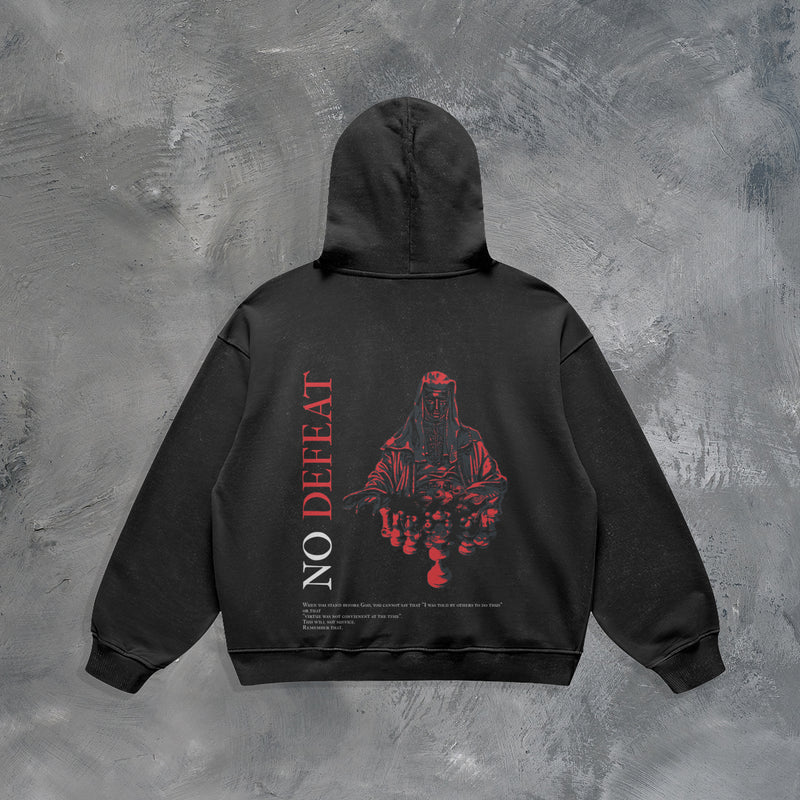 "NO DEFEAT" OVERSIZED HOODIE IN BLACK