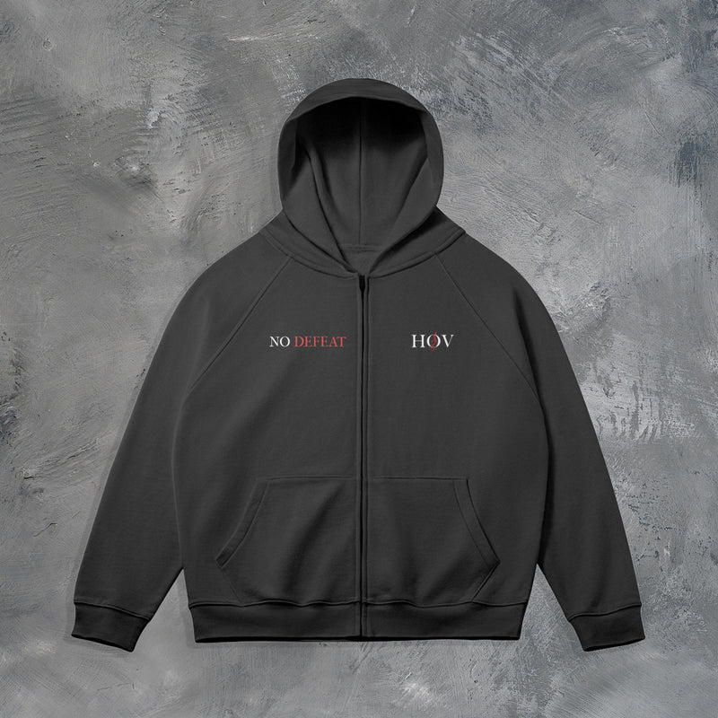 "NO DEFEAT" ZIP UP HOODIE IN BLACK