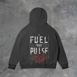 "FUEL YOUR PULSE" ZIP UP HOODIE IN BLACK