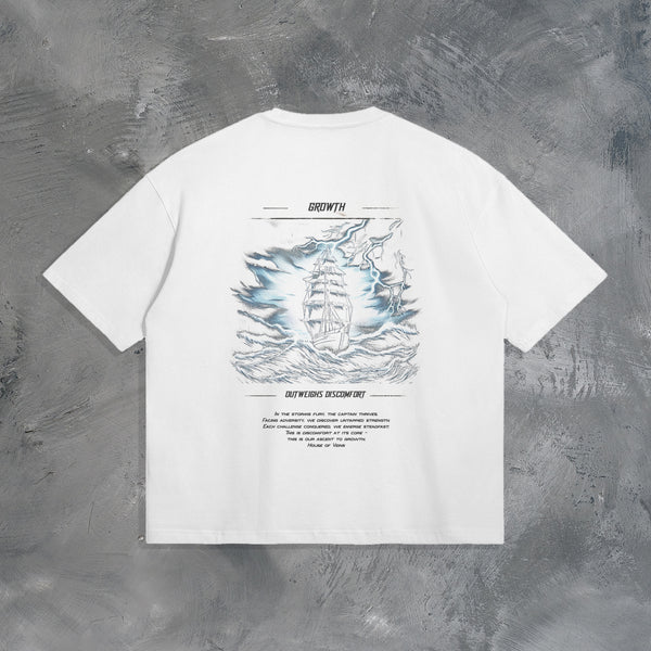 "GROWTH OUTWEIGHS DISCOMFORT" OVERSIZED T-SHIRT IN WHITE