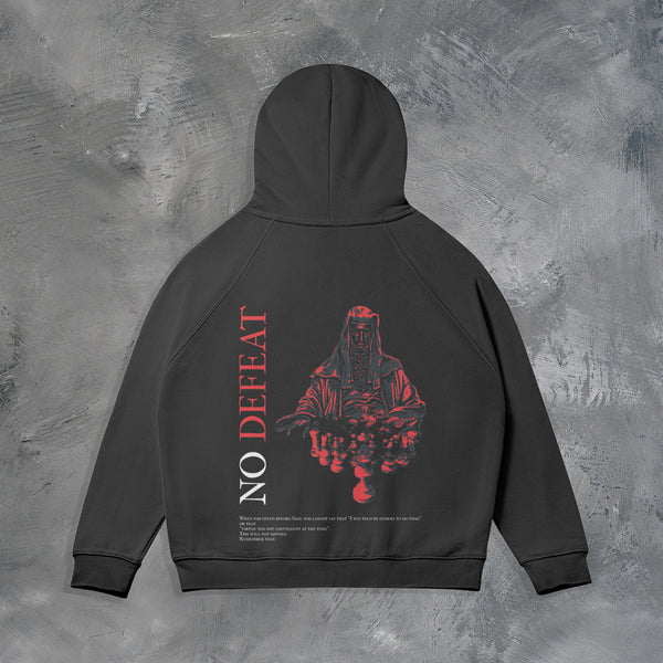 "NO DEFEAT" ZIP UP HOODIE IN BLACK