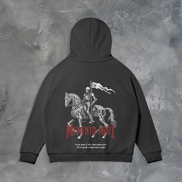 "MEMENTO MORI" ZIP UP HOODIE IN BLACK