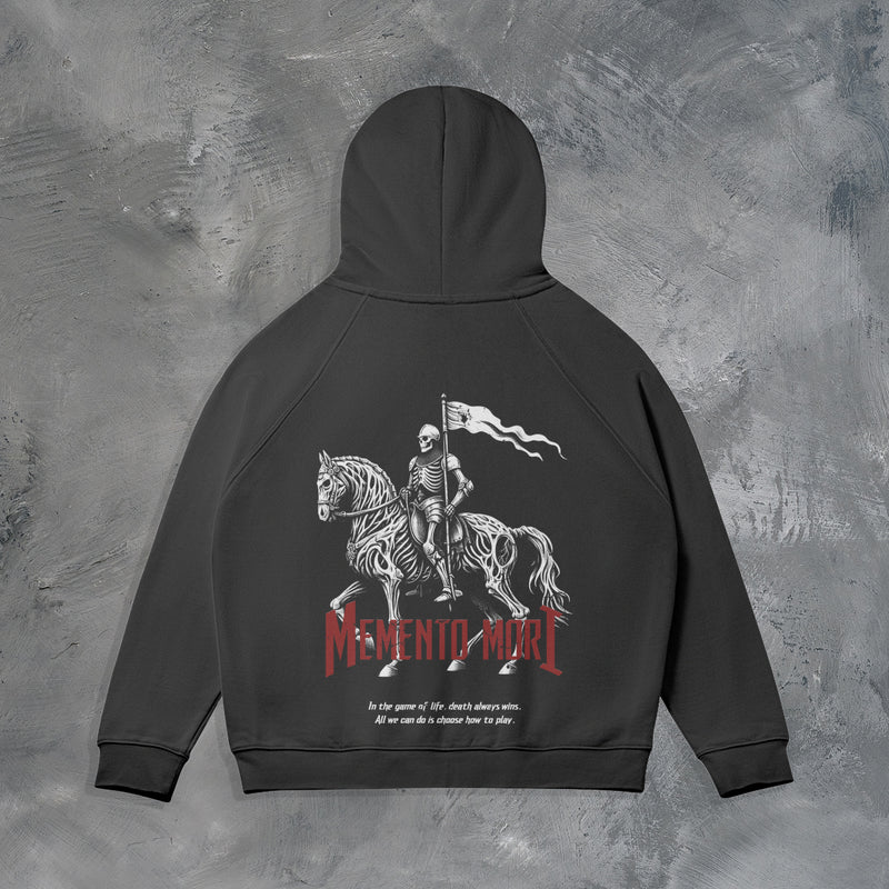 "MEMENTO MORI" ZIP UP HOODIE IN BLACK